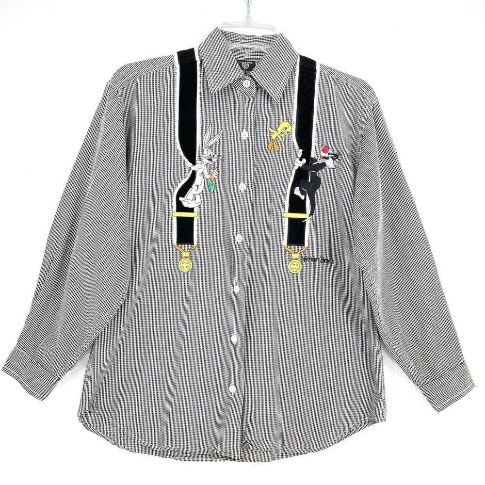 Looney Tunes Embroidered Long‎ Sleeve Plaid Shirt Sz XS Warner Bros Ladies
